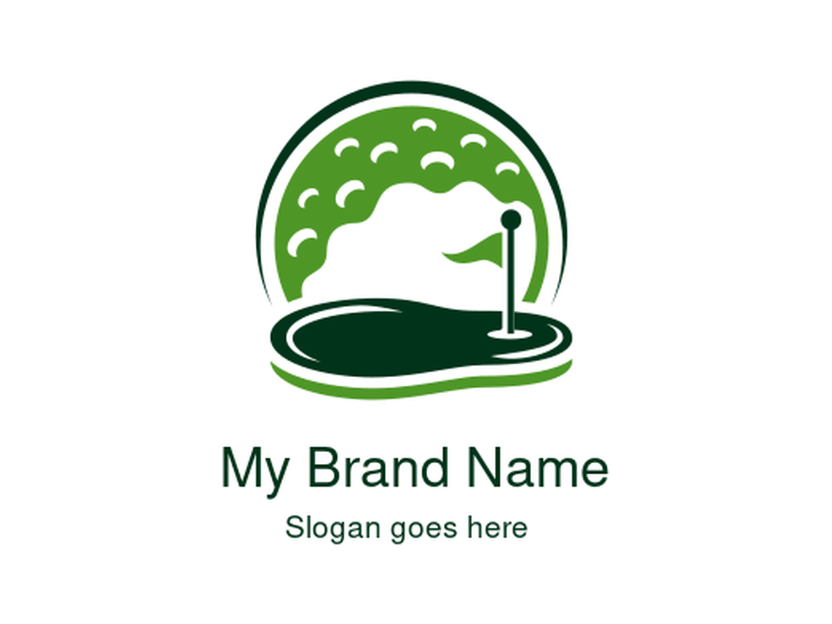 Dynamic Golf Scene Logo with Green Dimpled Ball and Putting Green with Flag - Golf Clubs, Tournaments, and Sports Resorts